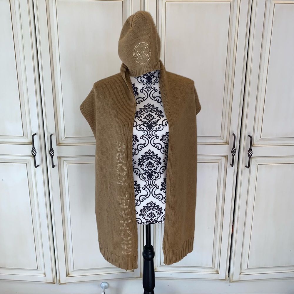 Michael Kors Tan Knit Scarf and Hat Set with Gold Studded Emblem on the Hat